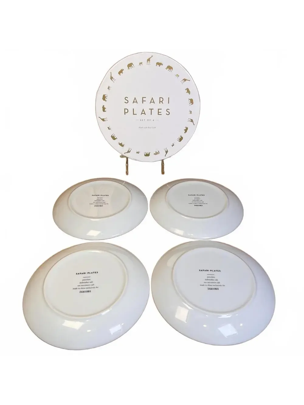 Set of 4 Safari Animal Plates with Real Gold Trim in Round Box